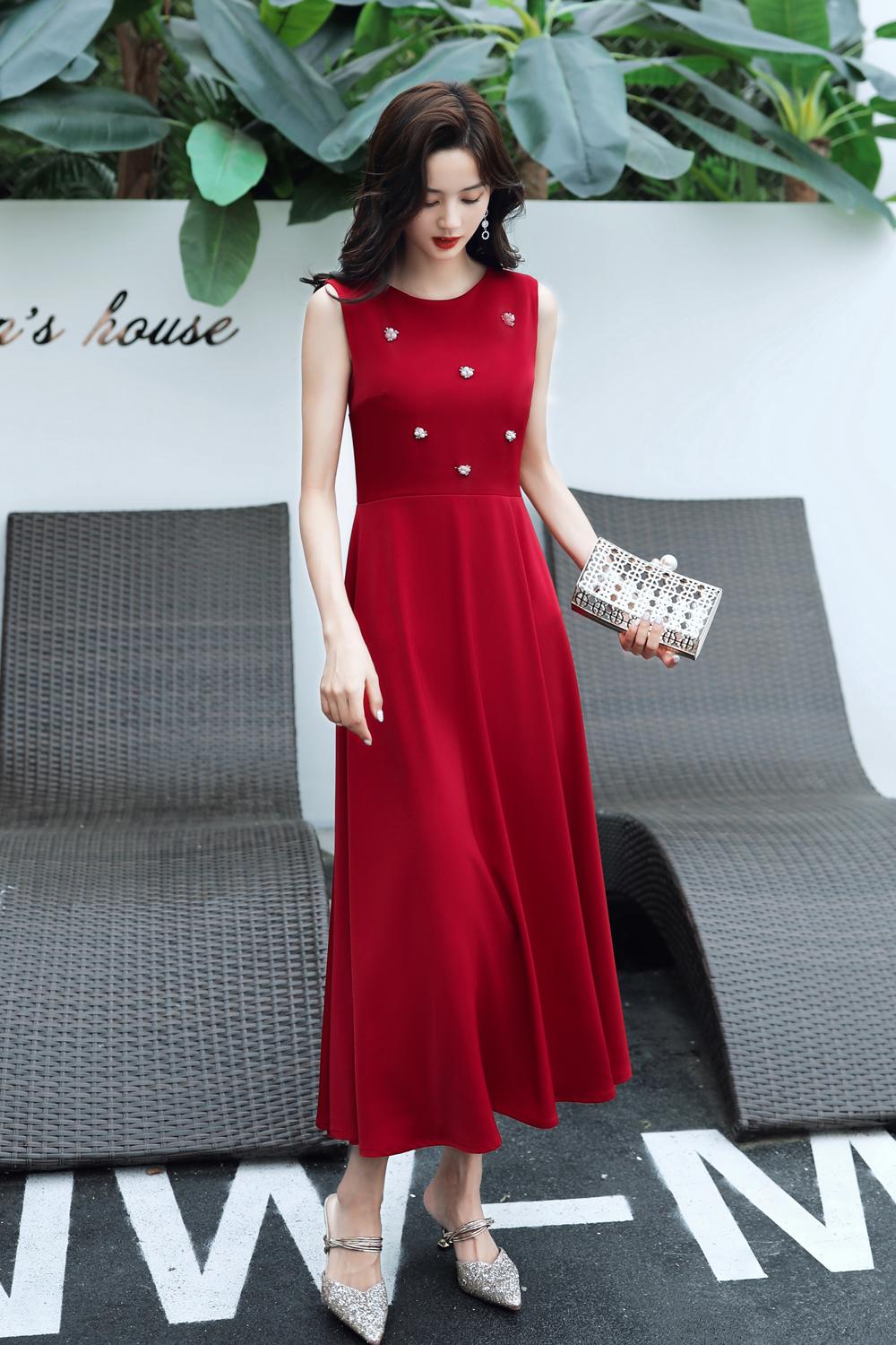 2021 Burgundy Midi Dresses, A-line Modern Fashion Dresses cso-017