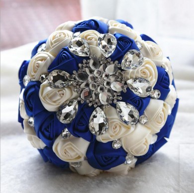 Royal Blue and Ivory Crystal Informal Artificial Flowers Rose for bride holding flowers