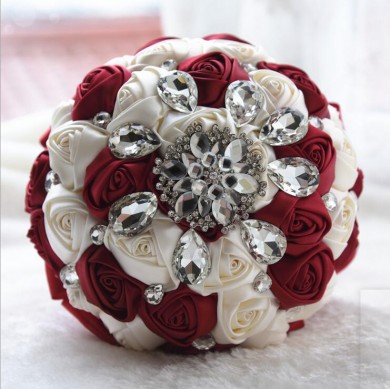 Burgundy and Ivory Crystal Informal Artificial Flowers Rose for bride holding flowers
