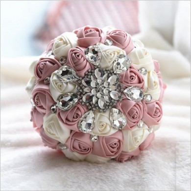 Ivory and Pearl Pink Crystal Informal Artificial Flowers Rose for bride holding flowers