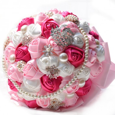 Pink ,ivory and Rose red Artificial wedding bouquets with beads and Glass Drill
