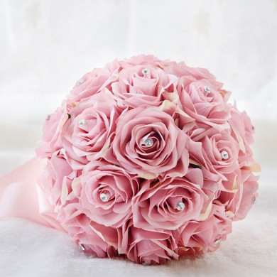 Pink Artificial Flowers Rose for Bride Bouquet with Crystal