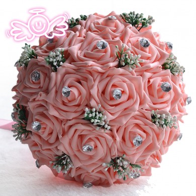 Pink Artificial Simulation Rose flowers for bride and bridesmaids with Crystal