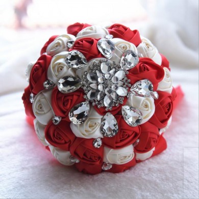 Red and Ivory Crystal Informal Artificial Flowers Rose for bride holding flowers