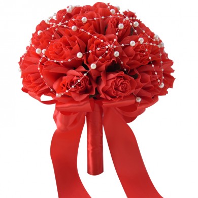 Red Artificial Flowers Rose Wedding Bouquet with Pearls for bride and bridesmaids