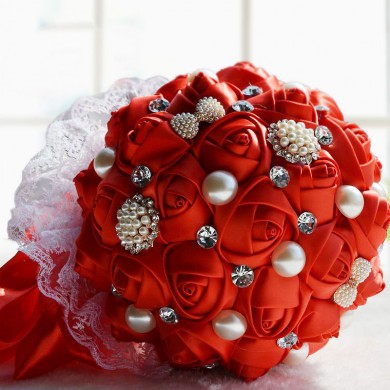 Red Hand Beading wedding bouquets for bride and bridesmaids with Crystal