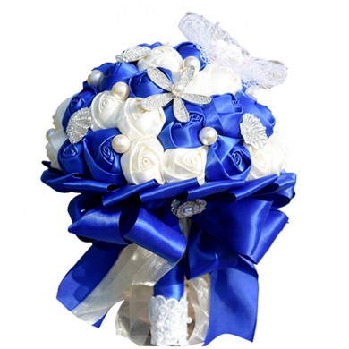 Royal Blue and ivory wedding bouquets for bride with seashell