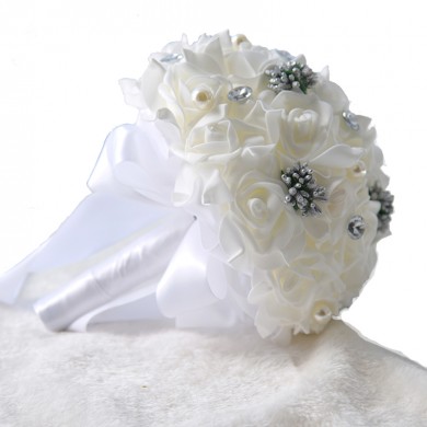 White Crystal Artificial Flowers Rose Bouquet for bride and bridesmaids