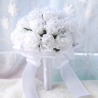 White Artificial Flowers Rose Wedding Bouquet with Pearls