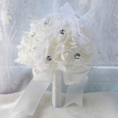 White Hand Beading Rose flowers with Crystal Wedding Bouquet