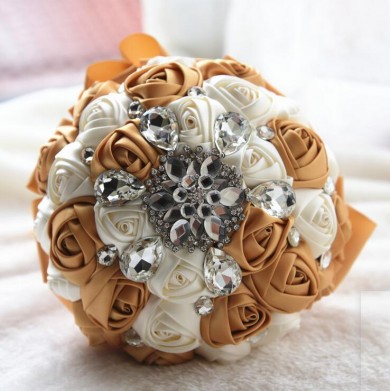 Khaki and Ivory Crystal Informal Artificial Flowers Rose for bride holding flowers