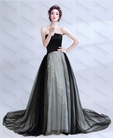 2020 New Arrival Black Strapless Prom Dresses Glamorous Sweep Train Evening Dresses TSJY-116