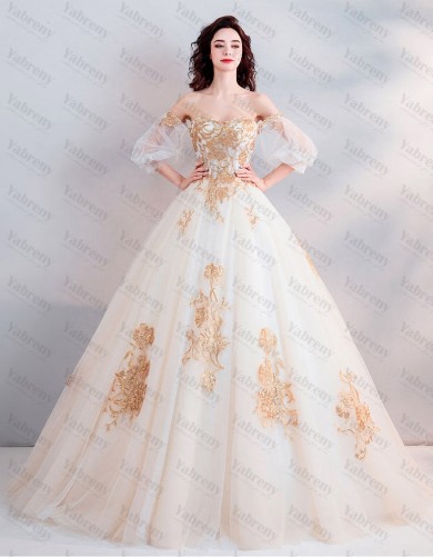 Ball Gown Ivory Half Sleeves wedding dress Chest Appliques Bateau Quinceanera Dresses TSJY-175