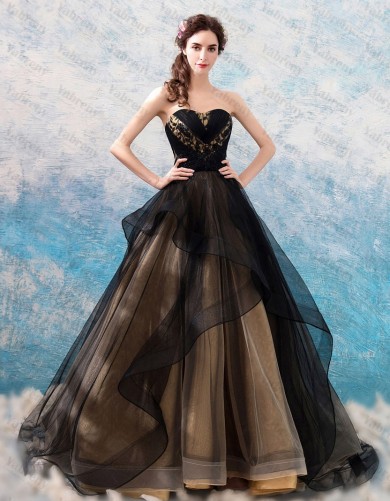Multilayer A-line prom dress Black Strapless Quinceanera Dresses TSJY-180