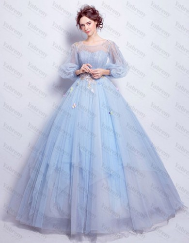 Long Sleeves Sky Blue Ball Gown Weding Dress Jewel Quinceanera Dresses TSJY-182
