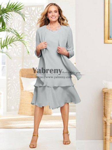 Silver Chiffon Mother of the Bride Dress with Jacket Two Piece Tea-Length mps-764-2