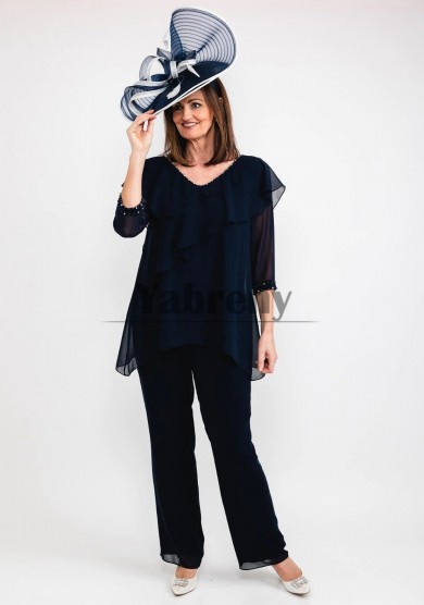 2 Pc D ark Navy Hand Beading Mother Of The Bride Outfits,  Long Sleeves Women Suit mps-807