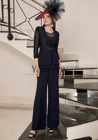 2pc Elegant Dark Navy Mother Of The Bride Outfits, Draped-Pleated-Bodice Women Pant Suits mps-814