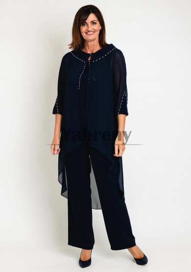 3 Pc Dark Navy Mother Of The Bride Outfits, Dressy Hand Beading Long Sleeves Women Pant Set mps-809-2