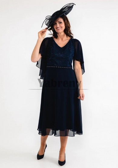 Dark Navy Chiffon Mother Of The Bride Dresses, Beading Lace Women Dress mps-802