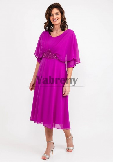 Fuchsia Half Sleeves Mother Of The Bride Dresses, Mid-Calf Hand Beading Mother of the Groom Dresses mps-801-2