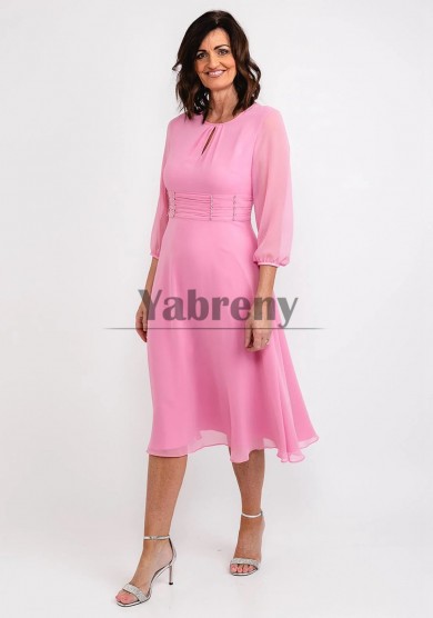Watermelon Chiffon Draped-Pleated-Bodice Belt Mother Of The Bride Dresses, Dressy Half Sleeves Womens Dresses mps-799-2