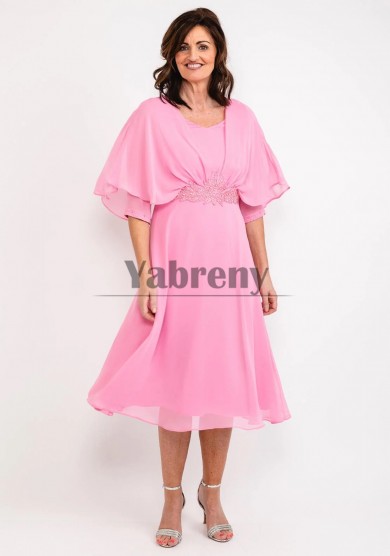 Watermelon Half Sleeves Mother Of The Bride Dresses, Mid-Calf Hand Beading Mother of the Groom Dresses mps-801-1