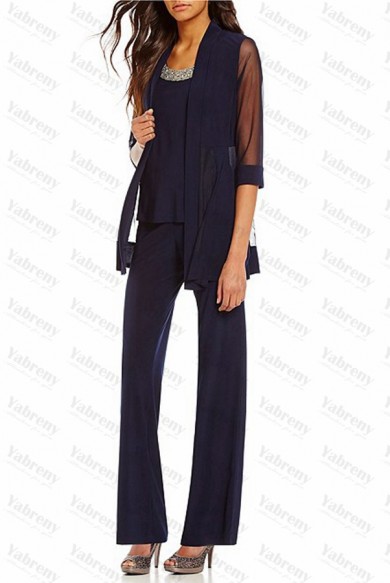 3 Piece Dark Navy Modern Half Sleeves Mother Of the bride Pants Suits mps-289-3