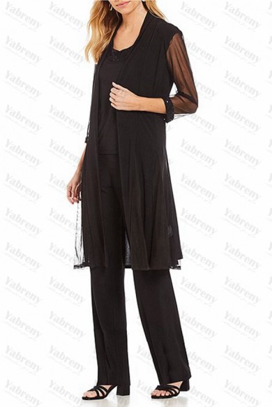 3 Piece Loose Black Sequin Neckline Half Sleeves Mother Of the bride Pants Suits mps-285