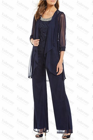 3 Piece Loose Half Sleeves Dark Navy Sequined Vest Mother Of the bride Pants Suits mps-288-1