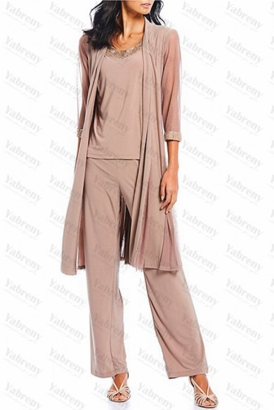3 Piece Loose Pearl Pink Sequin Neckline Half Sleeves Mother Of the bride Pants Suits mps-285-1