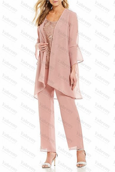 3 Piece Loose Pink Half Sleeves Mother Of the bride Pants Suits with lace Vest mps-286