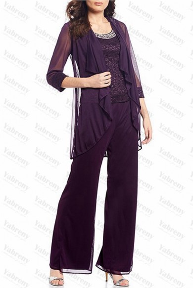 3 Piece Modern Purple Loose Half Sleeves Mother Of the bride Pants Suits mps-288-2