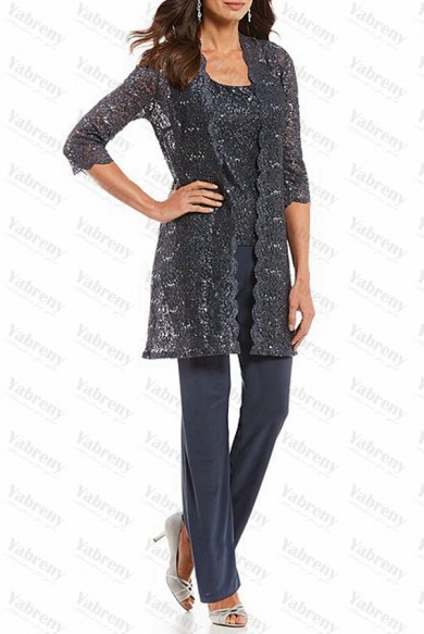 Charcoal 3-Piece Sequin Glitter Lace Mother Of the bride Pants Suits mps-283-1