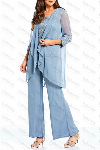 Modern Sky Blue 3 Piece Loose Half Sleeves Mother Of the bride Pants Suits mps-288-4