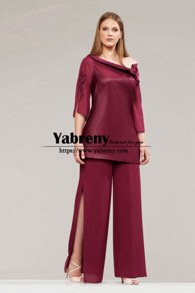 Burgundy Mother of the Bride Pant Suits Wide Trouser with Slits Women Outfit for Wedding Guest mps-700