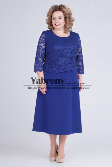 Royal Blue Lace Tea-Length Mother of the Bride Dress Plus Size Women Dresses mps-509-2