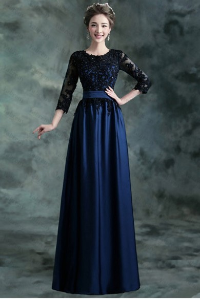Dark Navy Empire Jewel Prom Dresses Long Sleeves Evening Dresses TSJY-161
