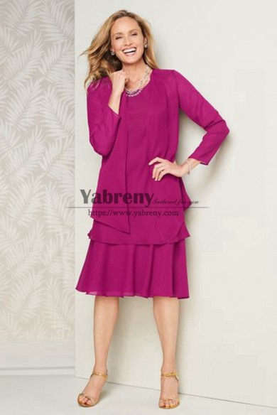 Fuchsia Mother of the Bride Chiffon Dresses with Jacket Two Piece Tea-Length Outfit mps-764-4