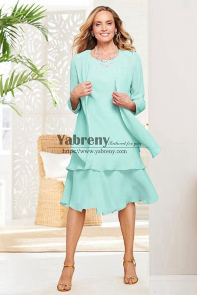 Jade Blue Chiffon Tea-Length Mother of the Bride Dress with Jacket mps-764-5