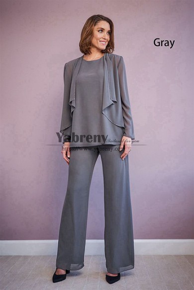 Three Piece Chiffon Under 100 Mother of the Bride Pant Suits Gray Spring Women