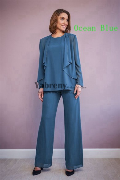 Three Piece Chiffon Under 100 Mother of the Bride Pant Suits Ocean Blue Spring Women