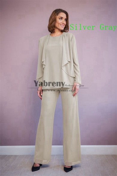Three Piece Chiffon Under 100 Mother of the Bride Pant Suits Silver Gray Spring Women