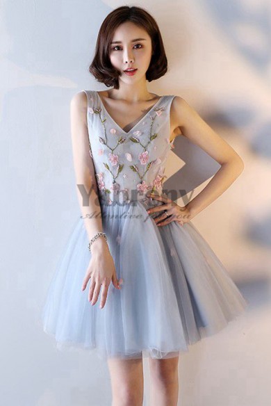 Yabreny 2021 Knee-Length prom dresses Embroidery Sky Blue Homecoming Dresses cyh-044