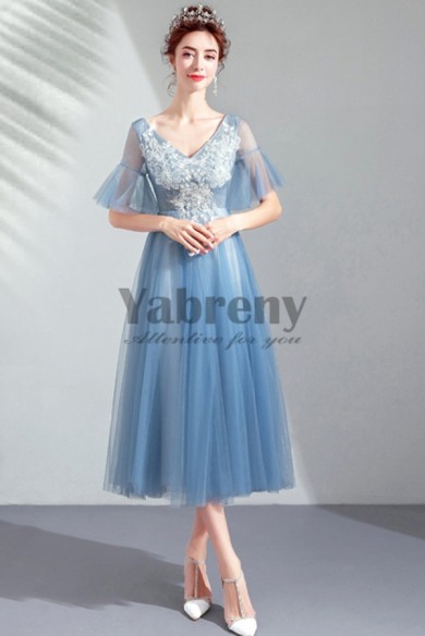 Yabreny Modern Sky Blue Homecoming dresses Mid-Calf Prom Dresses TSJY-007