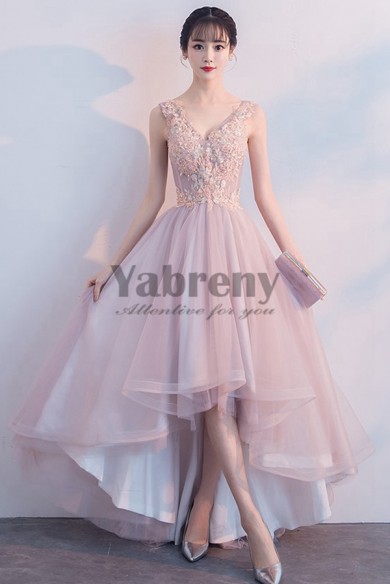 Yabreny 2021 Pearl Pink prom dress High-low V-neck Homecoming Dresses cyh-040
