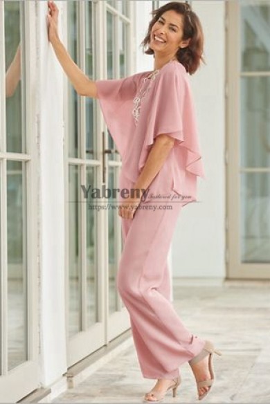 2PC Mother of the Bride Chiffon Pant Suits Pink Women Special Occasion Outfits mps-719-2