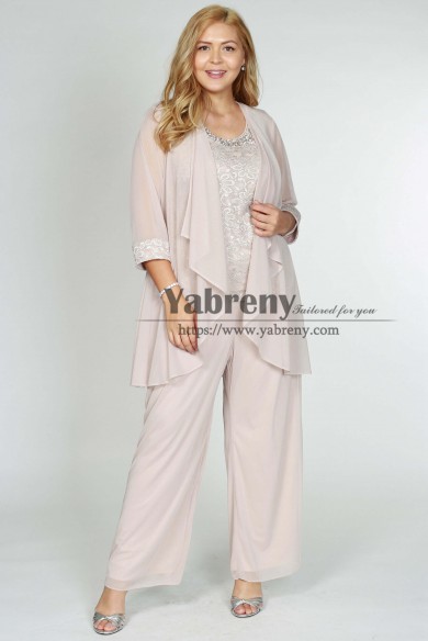 3PC Chiffon Champagne Trousers Outfit for Mother of the Bride,Trajes de mujer de talla grande mps-541-1