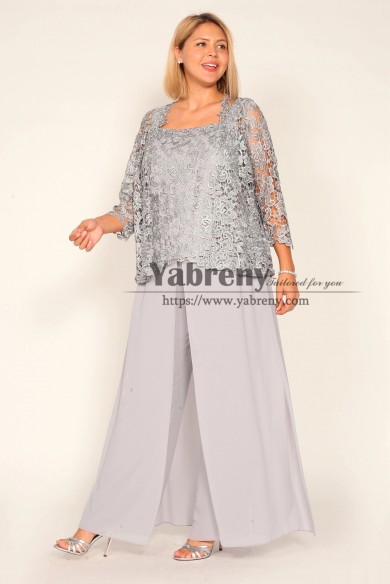 3PC Plus Size Gray Lace Mother Of the Bride Outfits, Costumes Pantalons Femme, Trajes de la madre de la novia mps-573