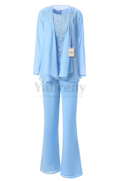 Yabreny Elegant Mother of the Bride Pants suit Sky blue Lace Outfit for Wedding Party MT001704-1